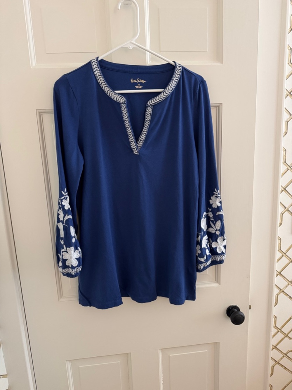 Lilly Pulitzer Royal Navy Tunic with White Floral Embroidery